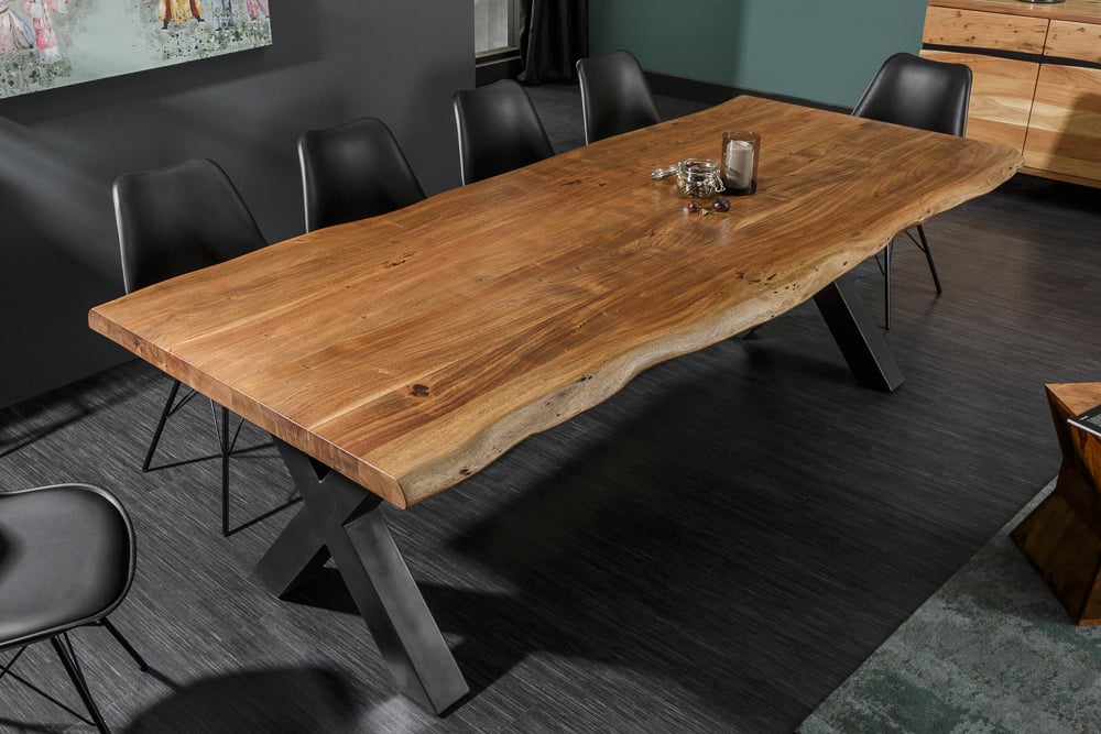 Massiver Esstisch FORTE 200cm Akazie 6cm Baumkante X-Gestell