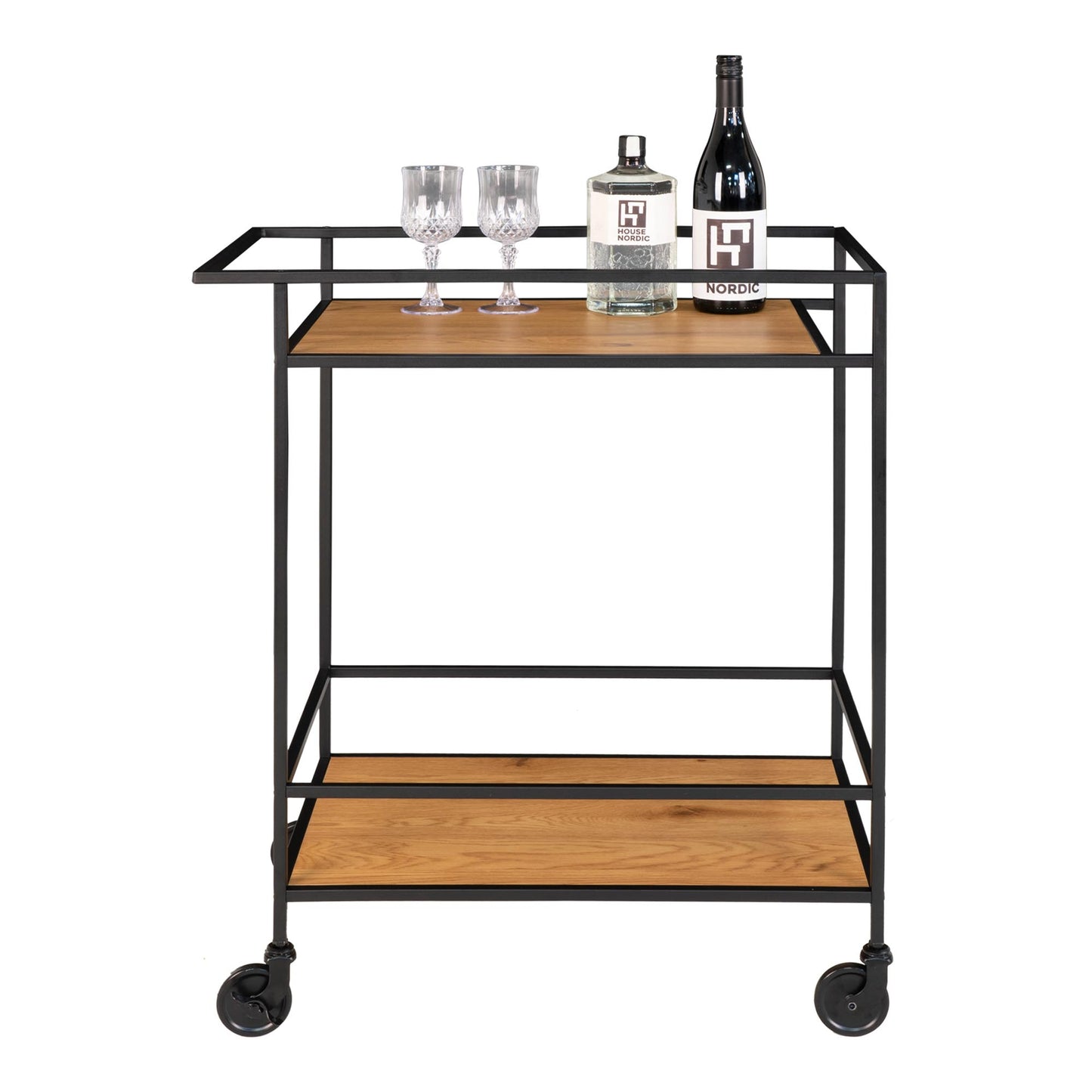 Moderner Bar-Rollwagen LEVEN 80cm schwarz + Eiche-Look Servierwagen