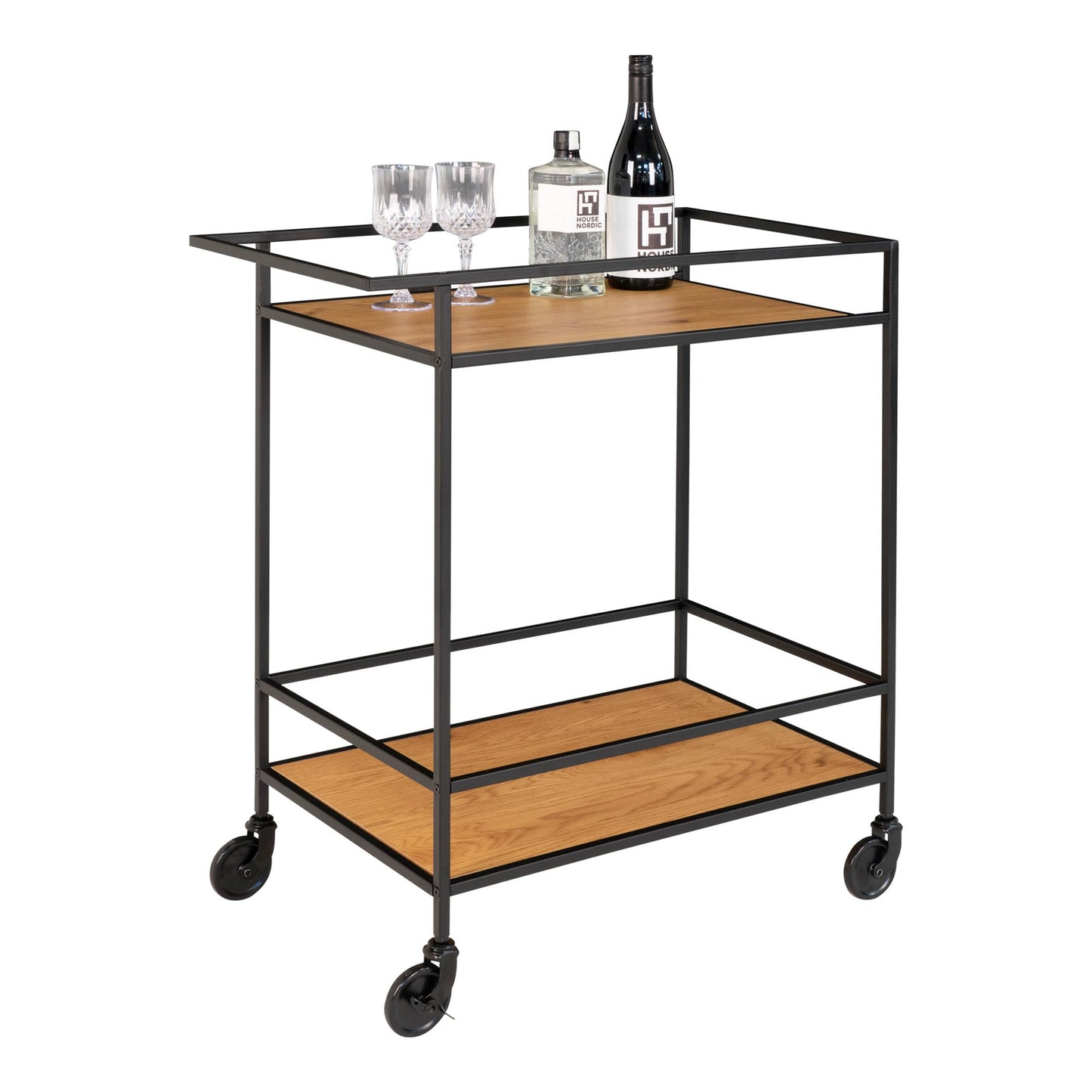 Moderner Bar-Rollwagen LEVEN 80cm schwarz + Eiche-Look Servierwagen
