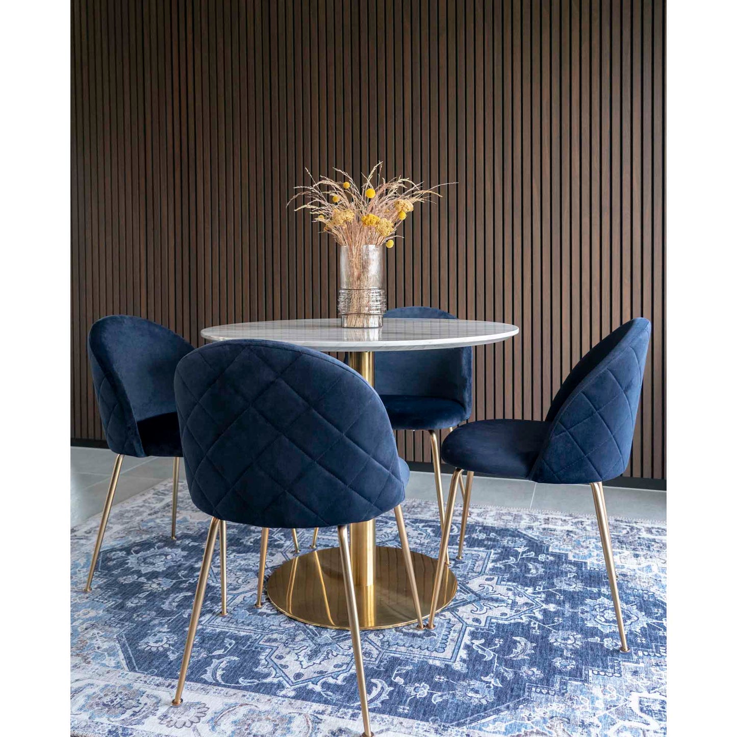Moderner Esstisch ZANOL D90cm in Marmor-Look messing Metallgestell