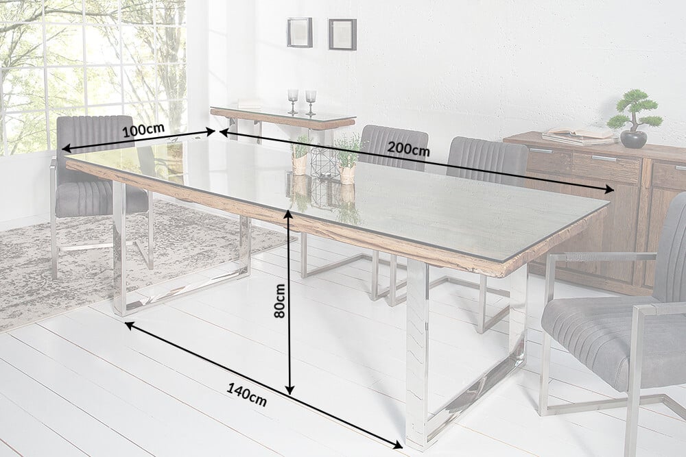Unikat Esstisch OLD TEAK 200cm inkl. Glasplatte und Stahlgestell