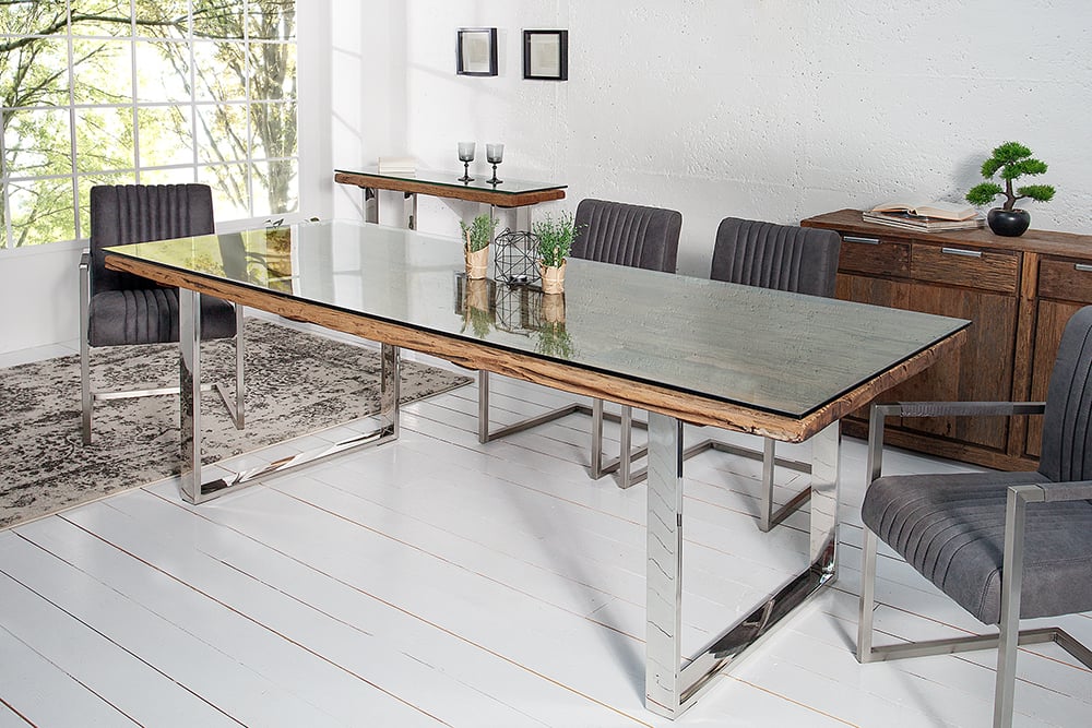 Unikat Esstisch OLD TEAK 200cm inkl. Glasplatte und Stahlgestell