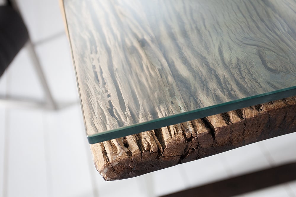 Unikat Esstisch OLD TEAK 200cm inkl. Glasplatte und Stahlgestell