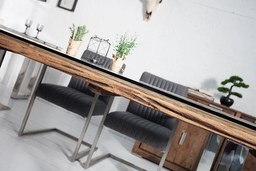 Unikat Esstisch OLD TEAK 200cm inkl. Glasplatte und Stahlgestell