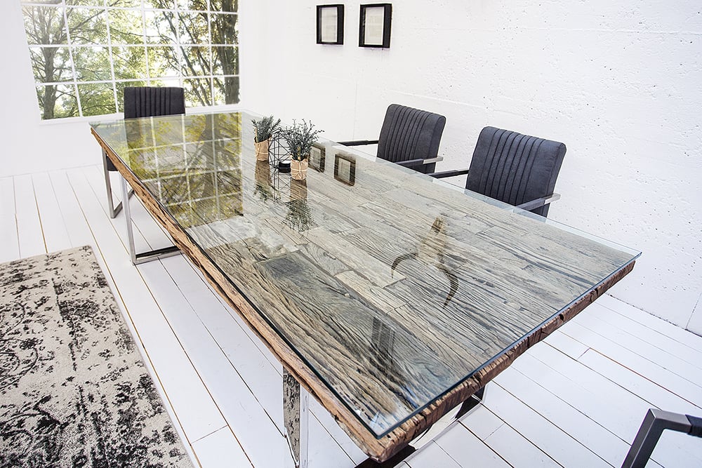 Unikat Esstisch OLD TEAK 200cm inkl. Glasplatte und Stahlgestell