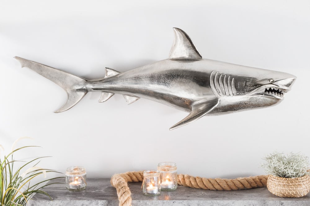 Wanddeko Haifisch 105cm SHARK silber Aluminium Maritim rechts