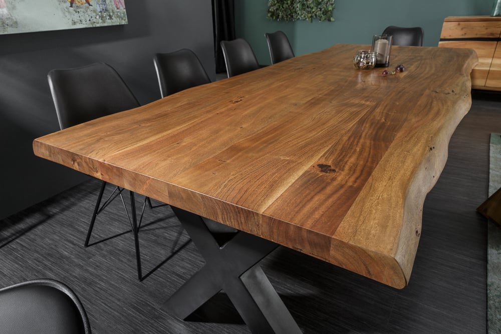 Massiver Esstisch FORTE 200cm Akazie 6cm Baumkante X-Gestell