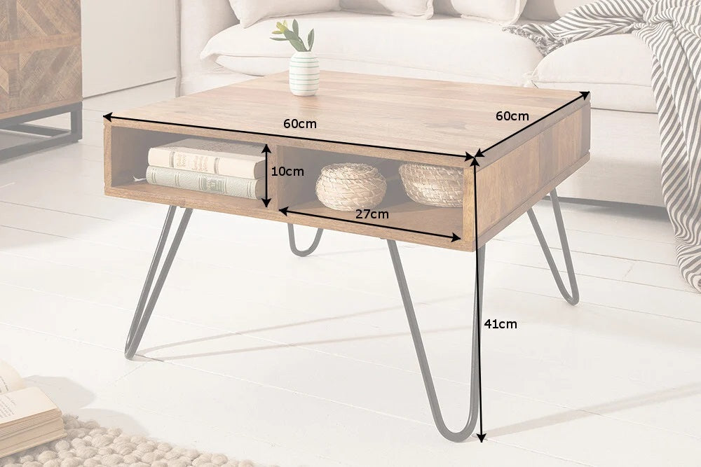 Trendiger Couchtisch ALINA 60cm natur Massivholz Ablagefächer