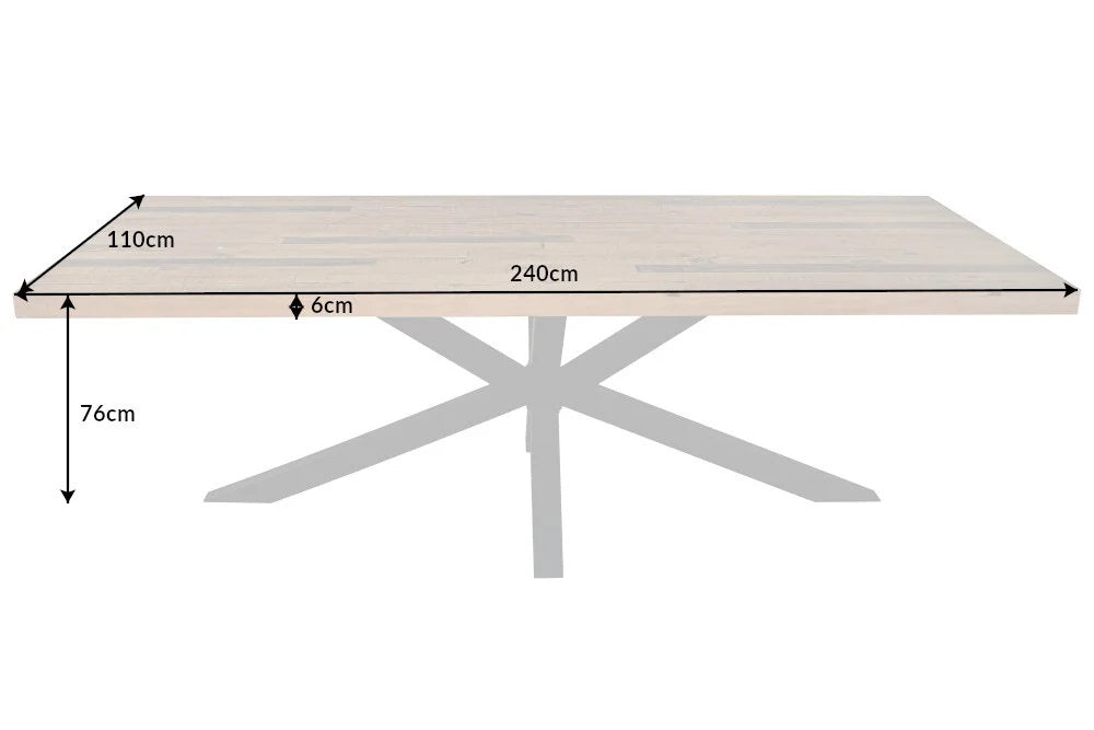 Massiver Esstisch PINO 240cm reycelte Pinie und Mikado-Gestell