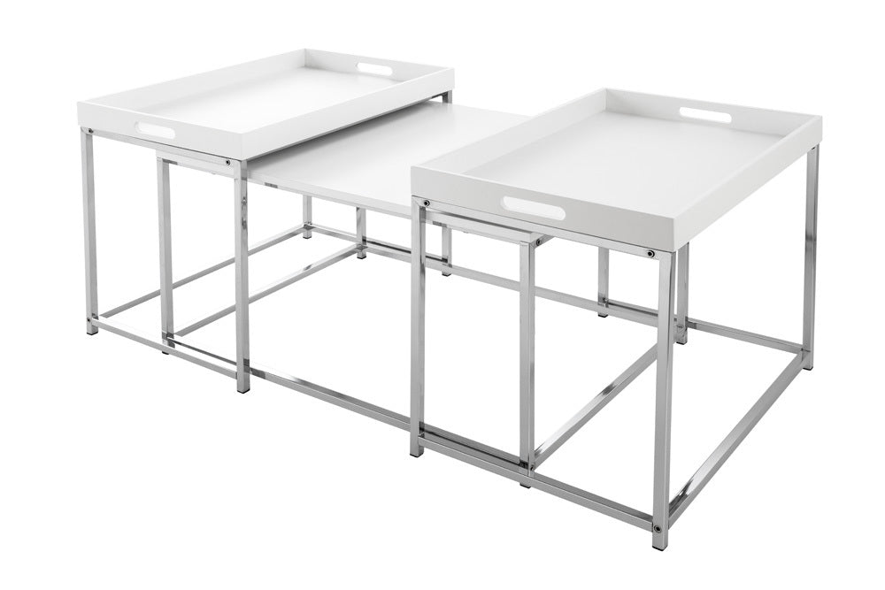 Lounge 3er Couchtisch-Set MENTO weiss abnehmbare Tabletts 75cm Chrom