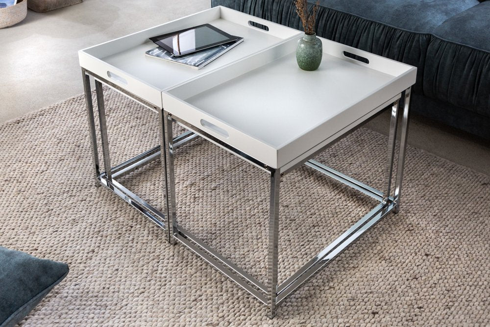 Lounge 3er Couchtisch-Set MENTO weiss abnehmbare Tabletts 75cm Chrom