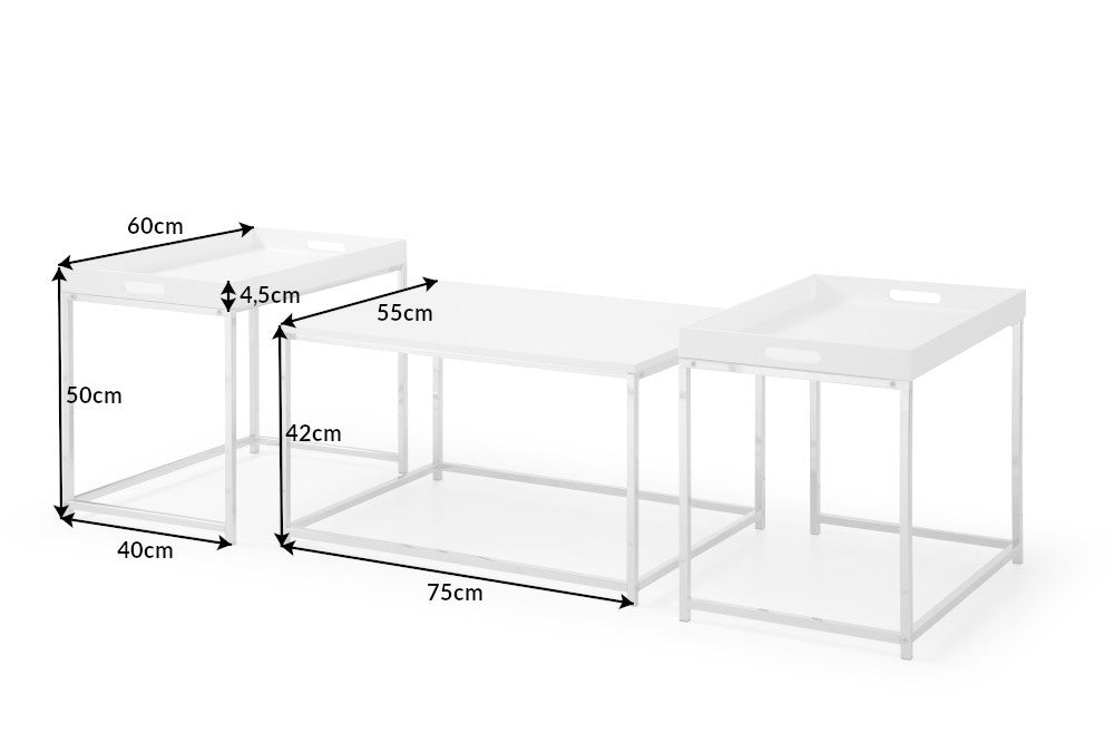 Lounge 3er Couchtisch-Set MENTO weiss abnehmbare Tabletts 75cm Chrom