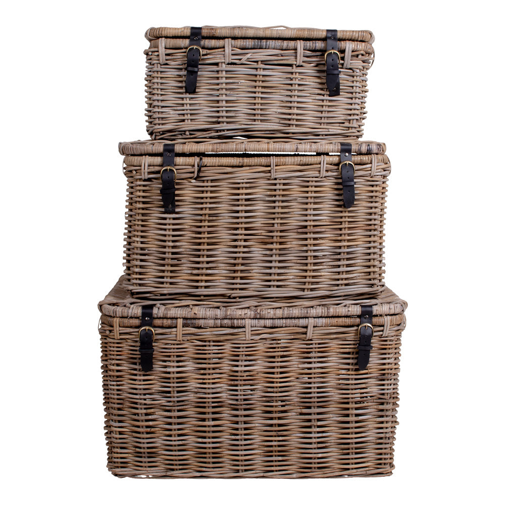 3 tlg.Truhen-Set KOPED Kubu-Rattan + Ledergriffen