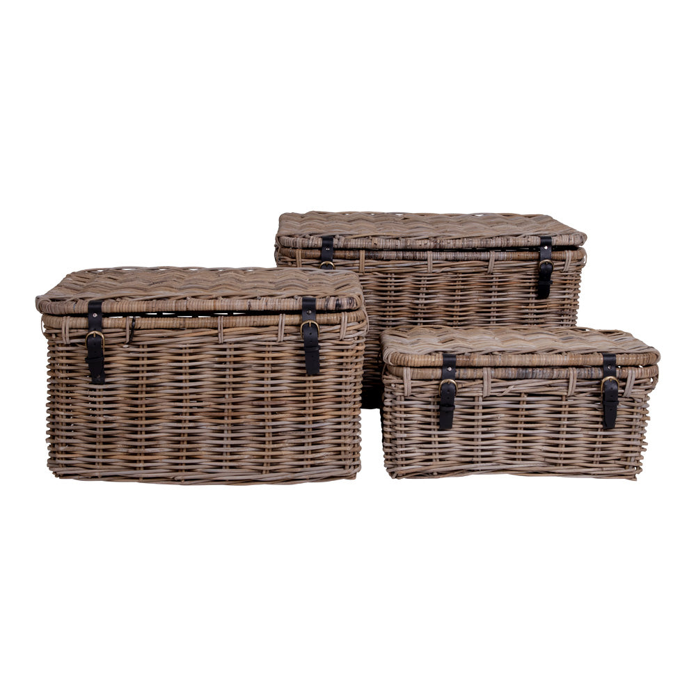 3 tlg.Truhen-Set KOPED Kubu-Rattan + Ledergriffen