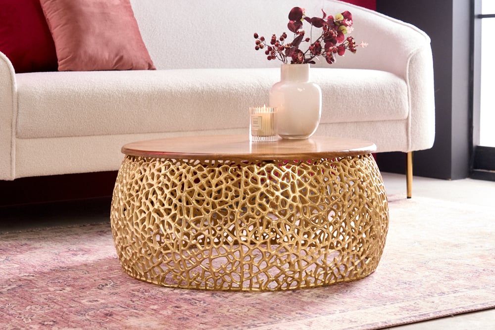 Extravaganter Couchtisch RIXOS ca.73cm gold Metall Akazie