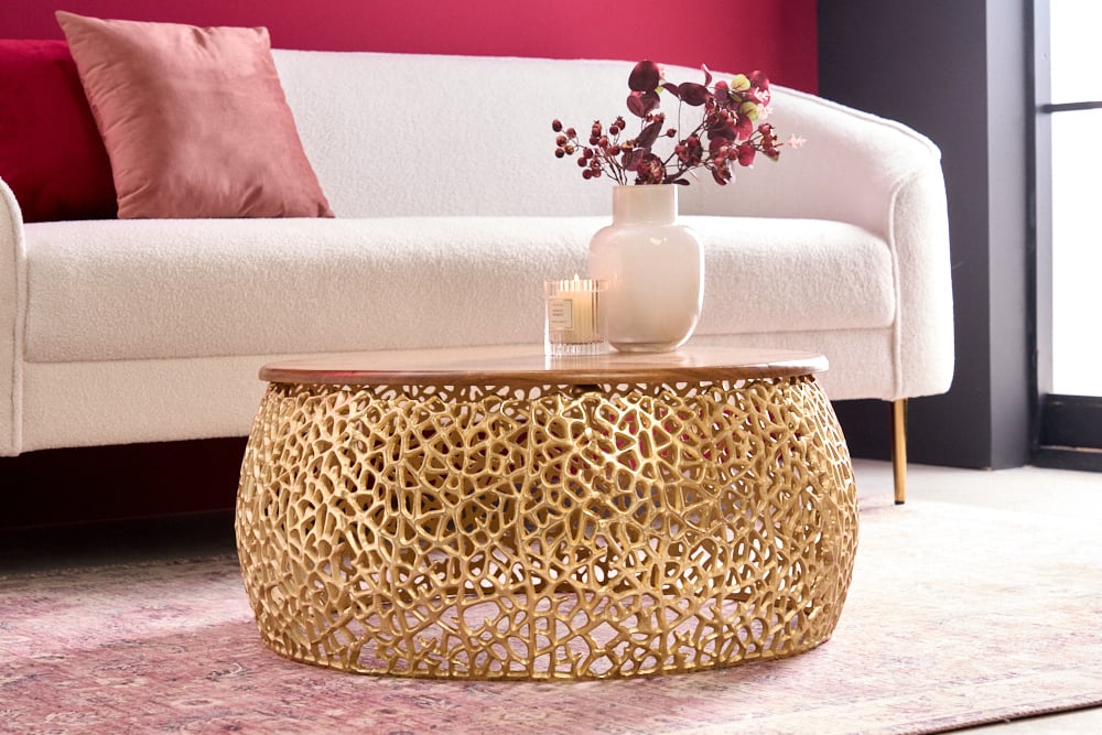 Extravaganter Couchtisch RIXOS ca.73cm gold Metall Akazie