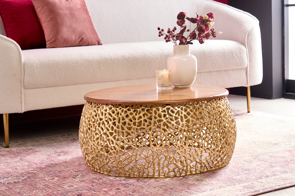 Extravaganter Couchtisch RIXOS ca.73cm gold Metall Akazie