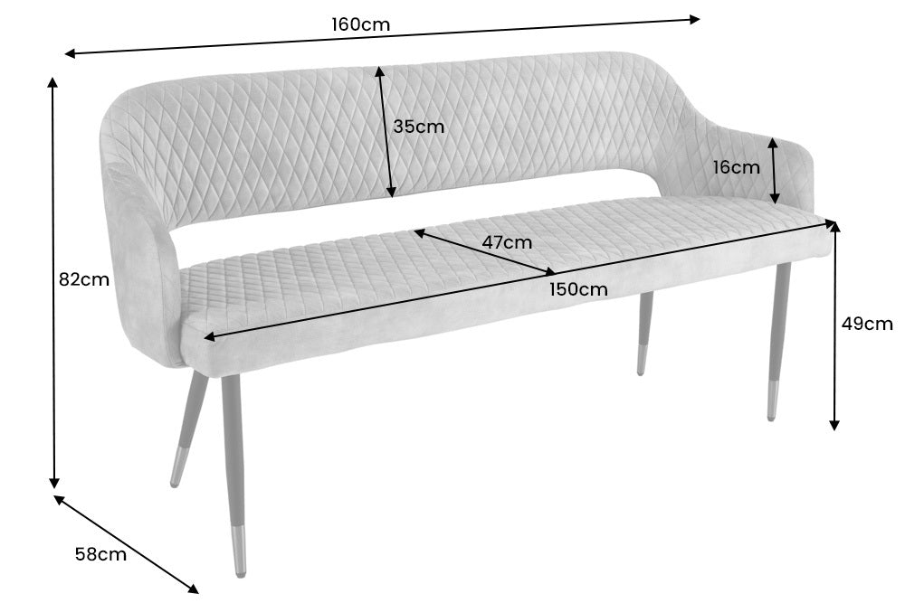 Design Sitzbank FRANCE 160cm Samt grau Ziersteppung Armlehnen