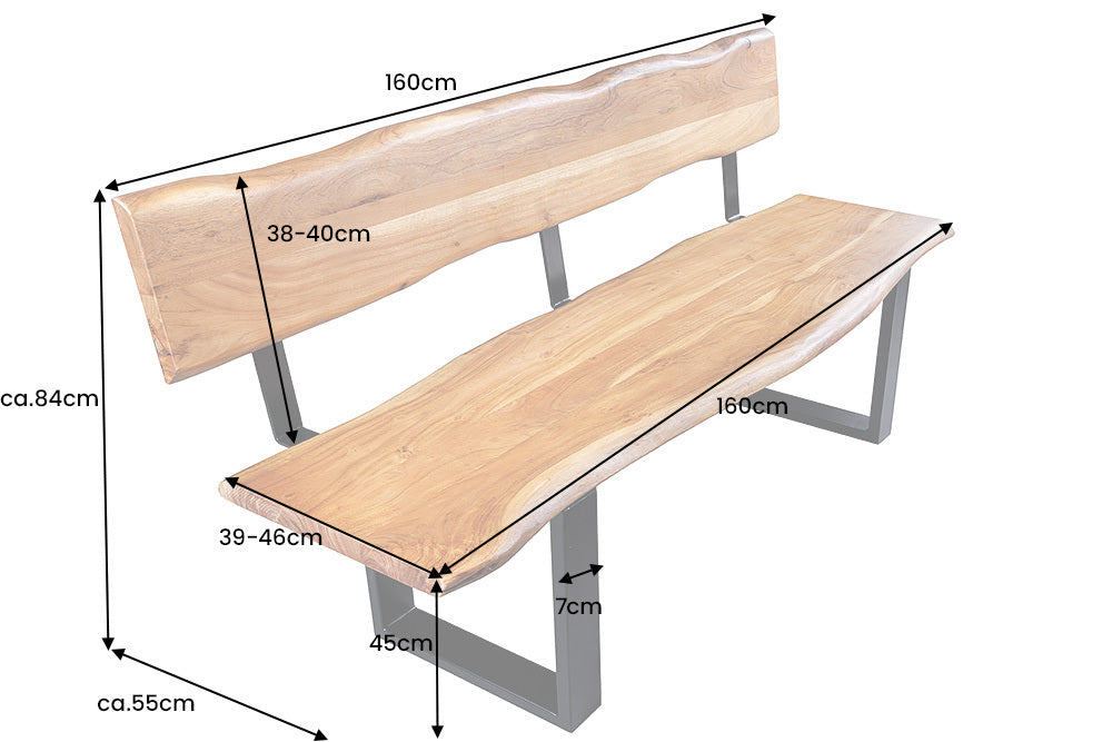 Individuelle Sitzbank ARBOL 160cm Akazie natur Baumkante Rückenlehne