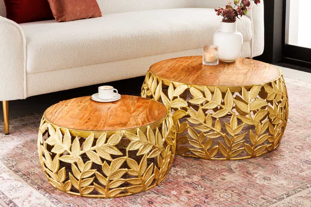 Extravagantes Couchtisch-Set RIXOS-Leaf ca.70cm Metall Akazie