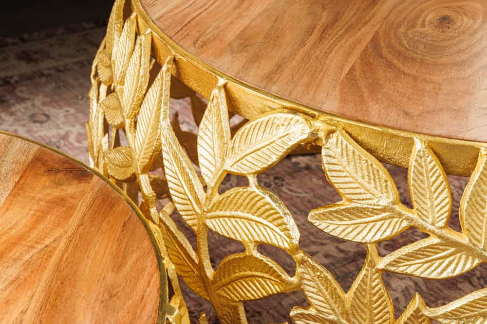 Extravagantes Couchtisch-Set RIXOS-Leaf ca.70cm Metall Akazie