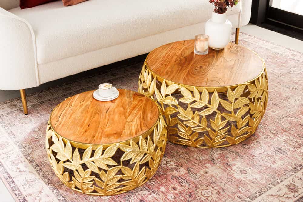 Extravagantes Couchtisch-Set RIXOS-Leaf ca.70cm Metall Akazie