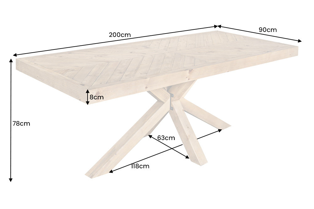Massiver Esstisch BANDA 200cm natur recycelte Pinie Mikado-Gestell
