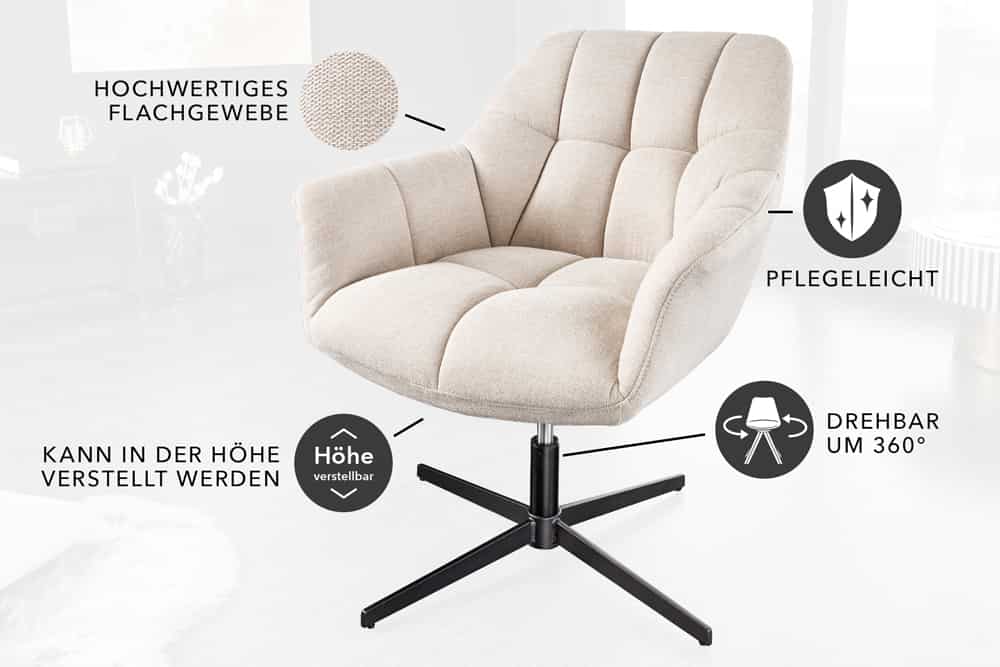 Höhenverstellbarer Drehsessel LYON beige drehbar Metallgestell
