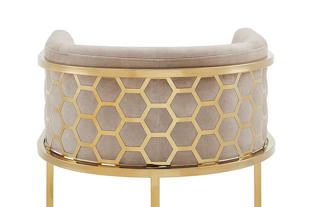 Edler Barhocker LEGANZA beige Samt gold Edelstahl Armlehne