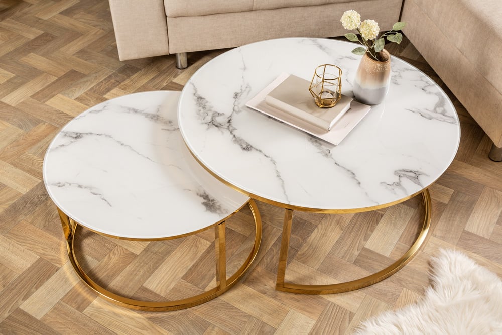 Elegantes Couchtisch 2er Set MARMO 80cm weiss gold Marmor-Dekor