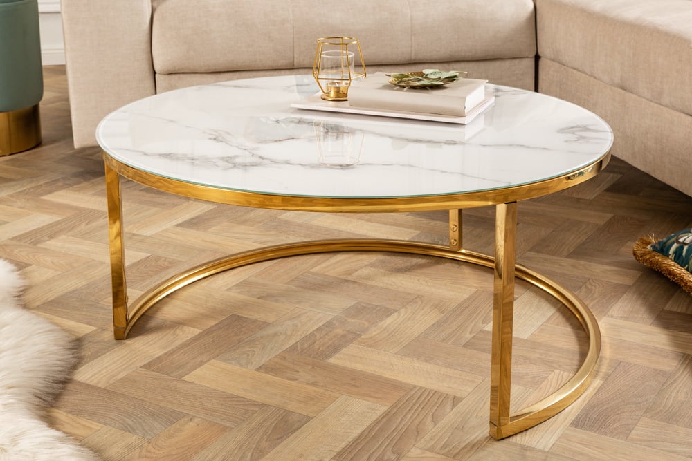 Elegantes Couchtisch 2er Set MARMO 80cm weiss gold Marmor-Dekor