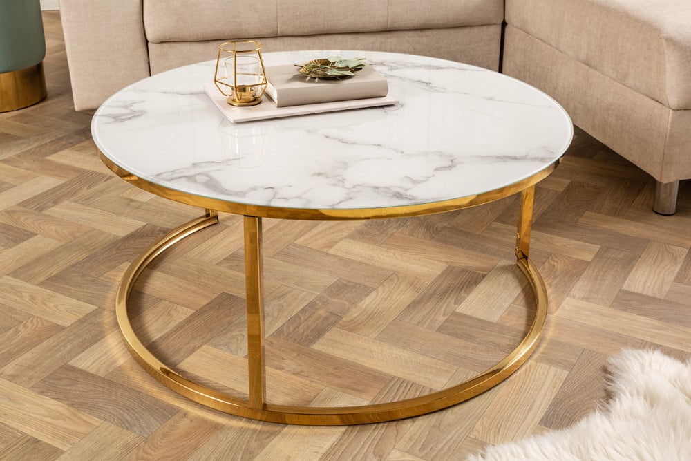 Elegantes Couchtisch 2er Set MARMO 80cm weiss gold Marmor-Dekor