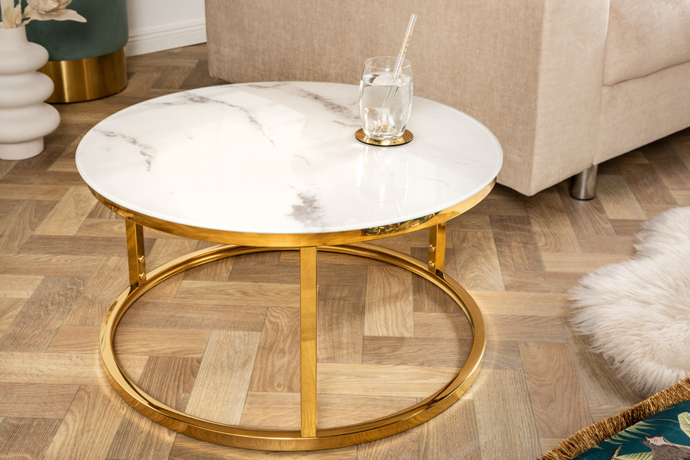 Elegantes Couchtisch 2er Set MARMO 80cm weiss gold Marmor-Dekor
