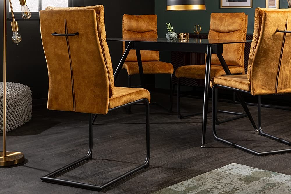 Eleganter Freischwinger Stuhl COMODO Samt senfgelb mit Griff