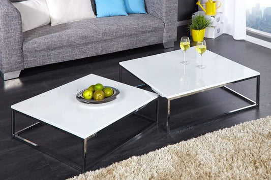 2er Set Design Couchtisch MENTO weiss hochglanz 75cm Edelstahl