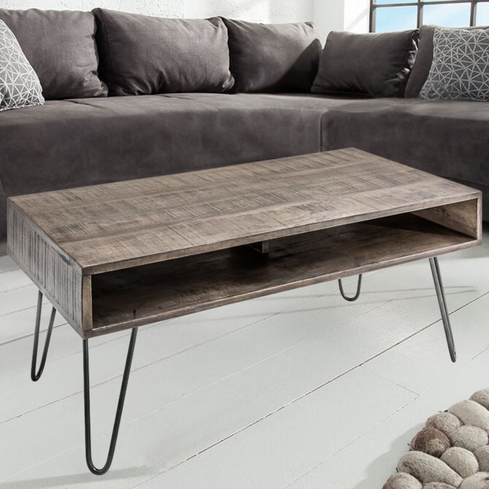 Couchtisch mit Ablagefächern ca.100cm grau ALINA Mangoholz Metallbeine