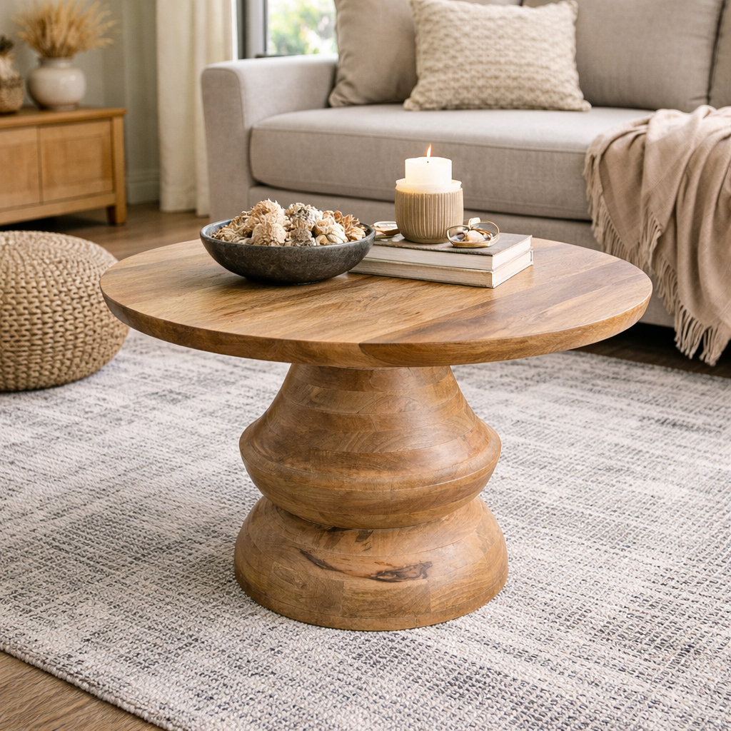 Couchtisch Mangoholz rund 70 cm KITAR-M Wohnzimmertisch natur – LebensWohnArt