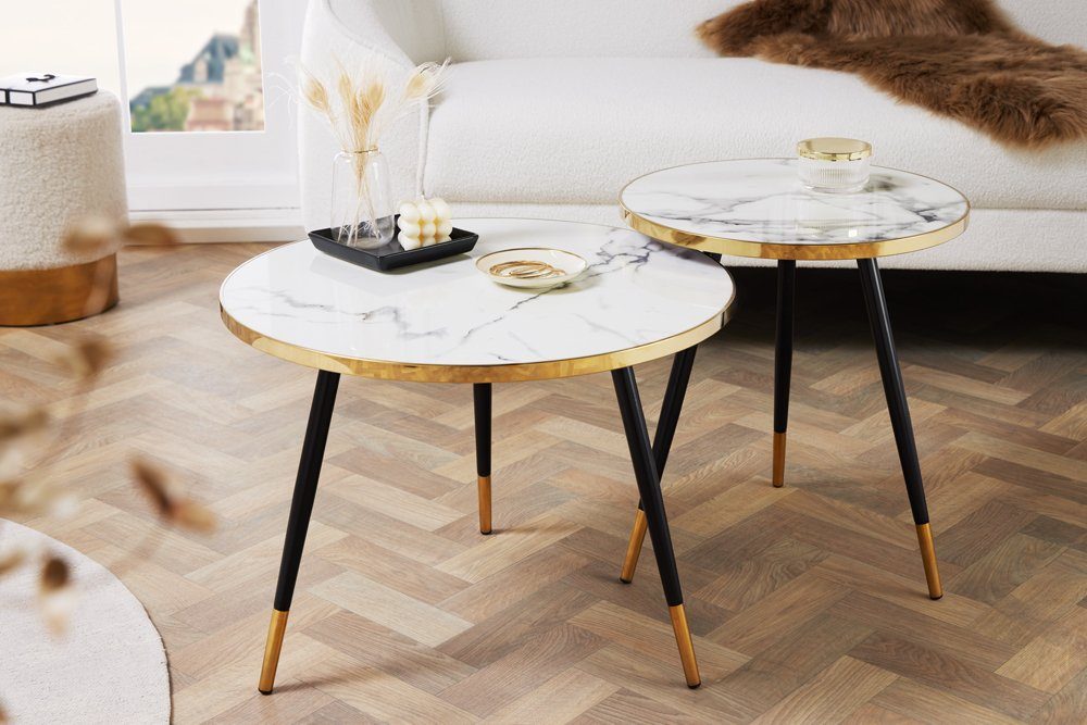Eleganter Couchtisch ROMA 60cm weiss gold Marmor-Dekor
