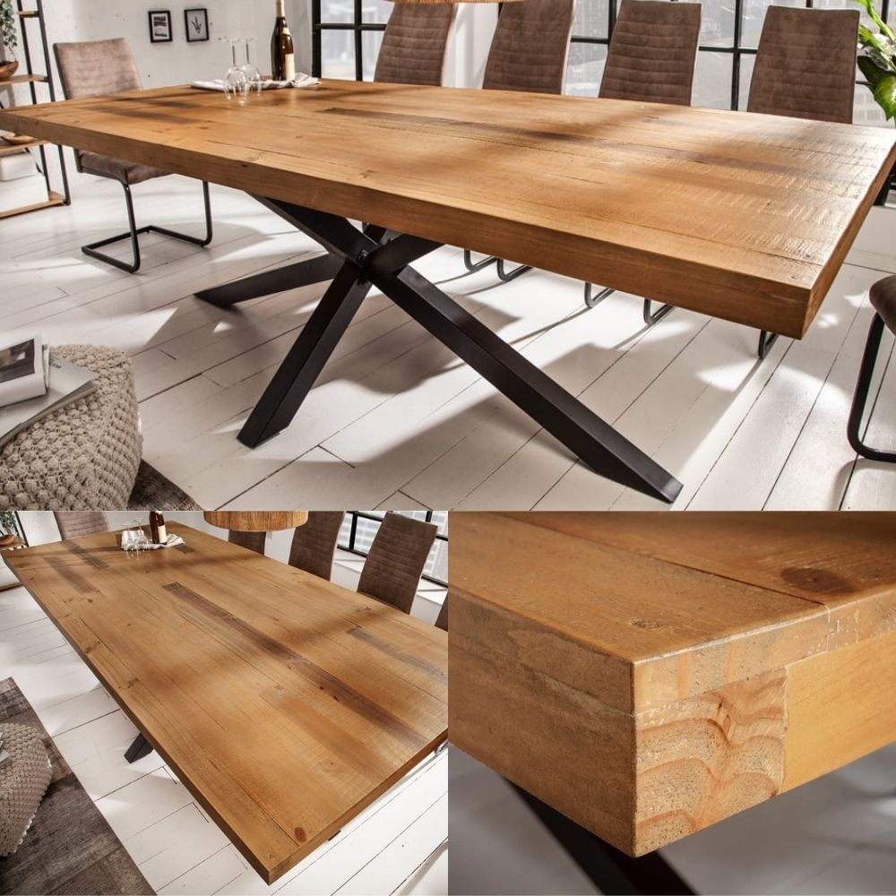 Massiver Esstisch PINO 240cm reycelte Pinie und Mikado-Gestell – LebensWohnArt