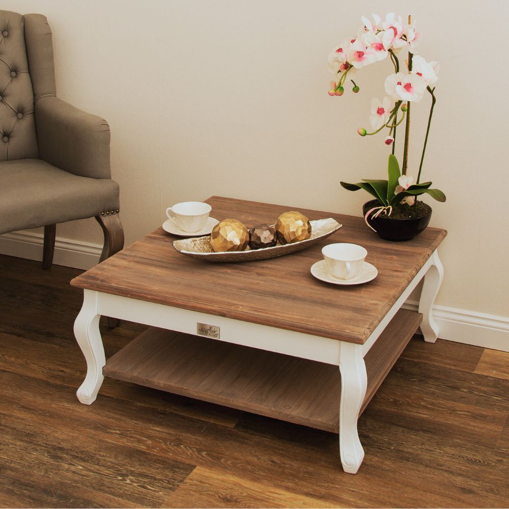 Landhaus Couchtisch mit Ablage ADRIA weiss-braun 80cm – LebensWohnArt