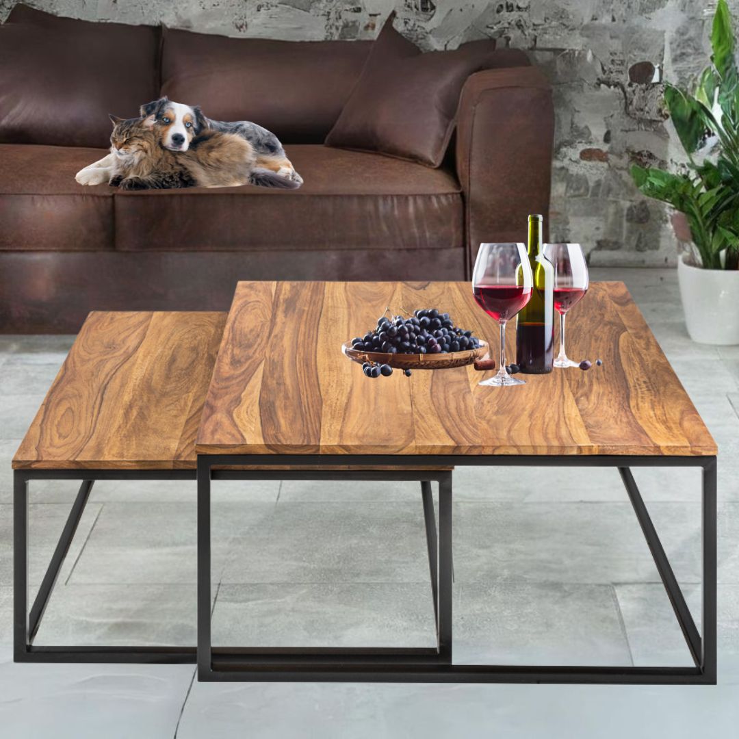 2er Set Design Couchtisch MENTA 65cm Natural Massivholz – LebensWohnArt