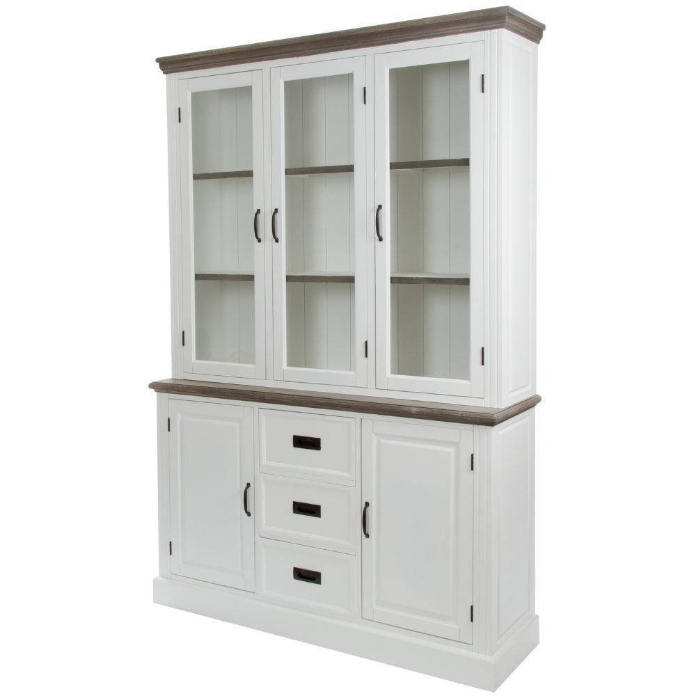 Edler Landhaus Vitrinenschrank 3 Türen CHALET 208cm weiss-braun