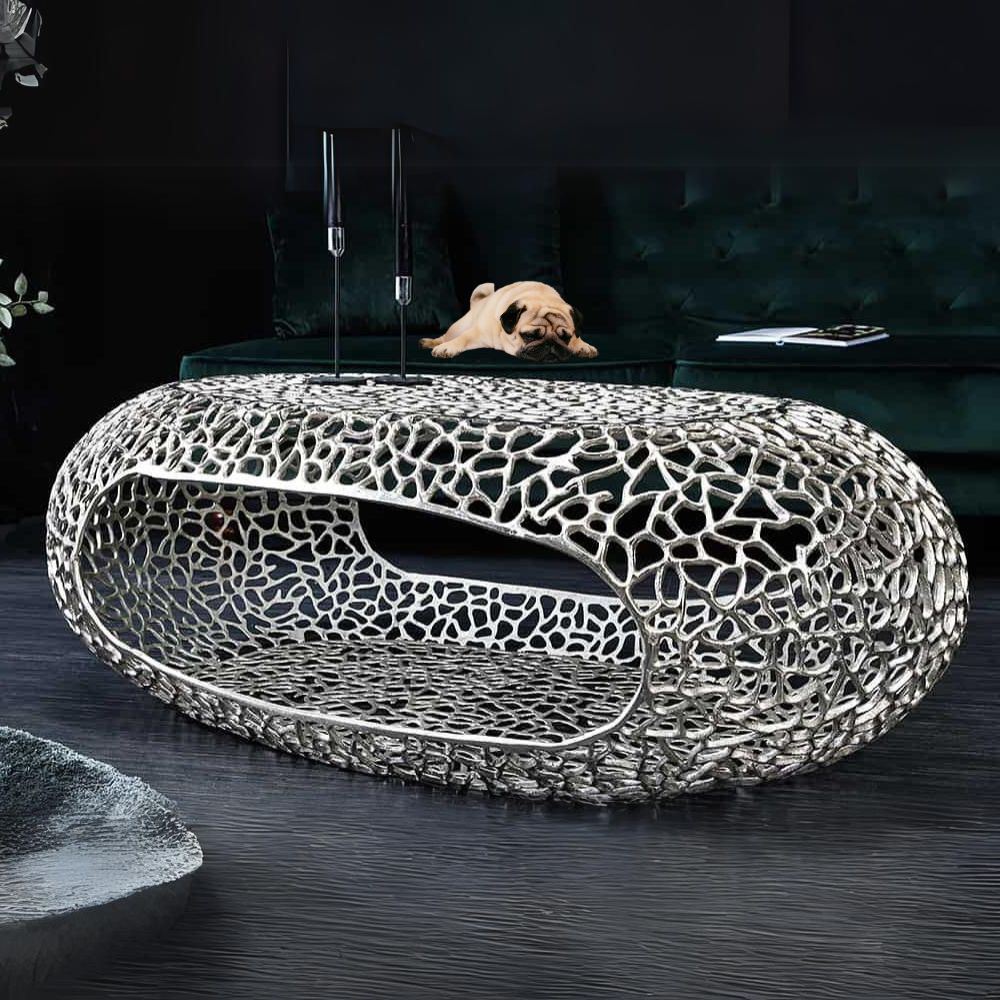 Design Couchtisch RIXOS silber 120cm Metall silber Handarbeit – LebensWohnArt