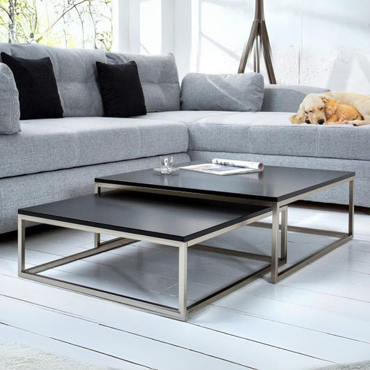 2er Set Design Couchtisch MENTO schwarz gebürsteter Stahl 75cm