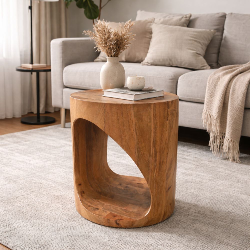 Massivholz Beistelltisch KITAR-F 40cm Mangoholz natural Hocker – LebensWohnArt