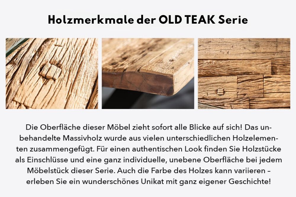 Unikat Esstisch OLD TEAK 200cm inkl. Glasplatte und Stahlgestell