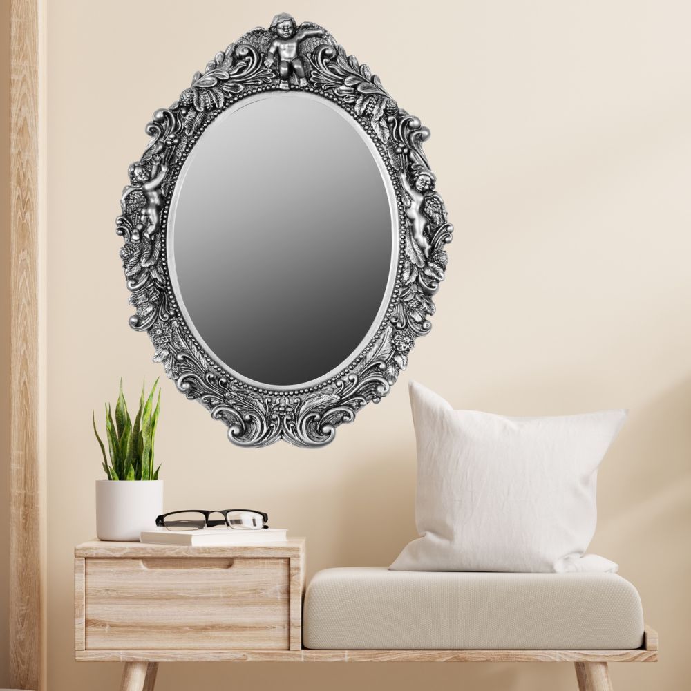 Ovaler Barock Spiegel MALAI silber 50x43cm Engel Vintagelook