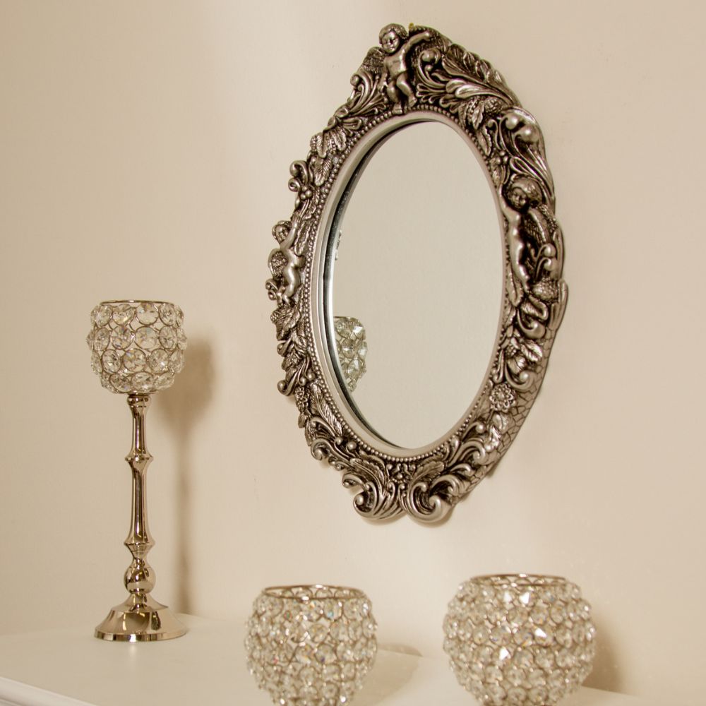 Ovaler Barock Spiegel MALAI silber 50x43cm Engel Vintagelook