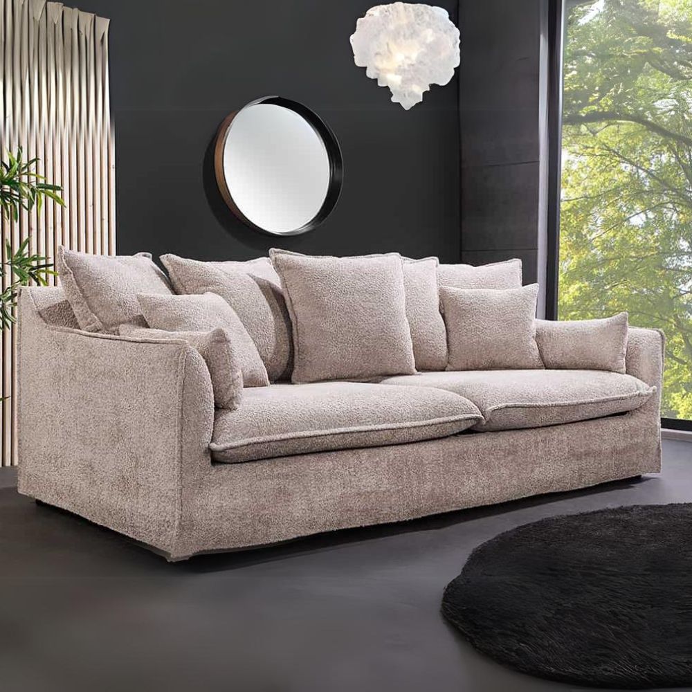 Hussensofa 3-Sitzer PARADISO 200cm Bouclé champagner Federkern – LebensWohnArt