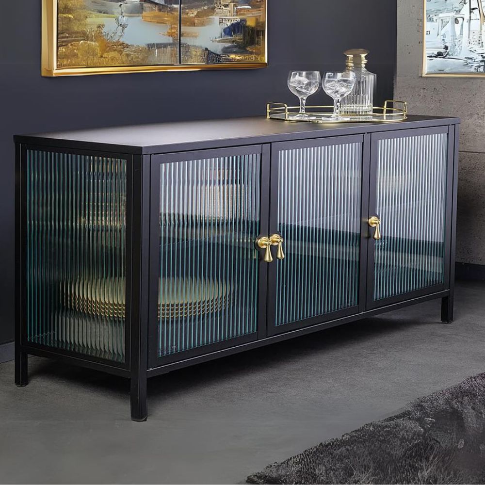 Modernes Vitrinen-Sideboard TRIADO 105cm schwarz Metall Riffelglas – LebensWohnArt